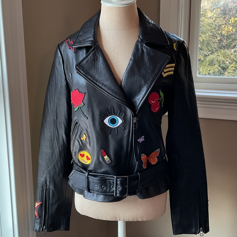 Aqua Black Leather Jacket with Colorful Embroidery